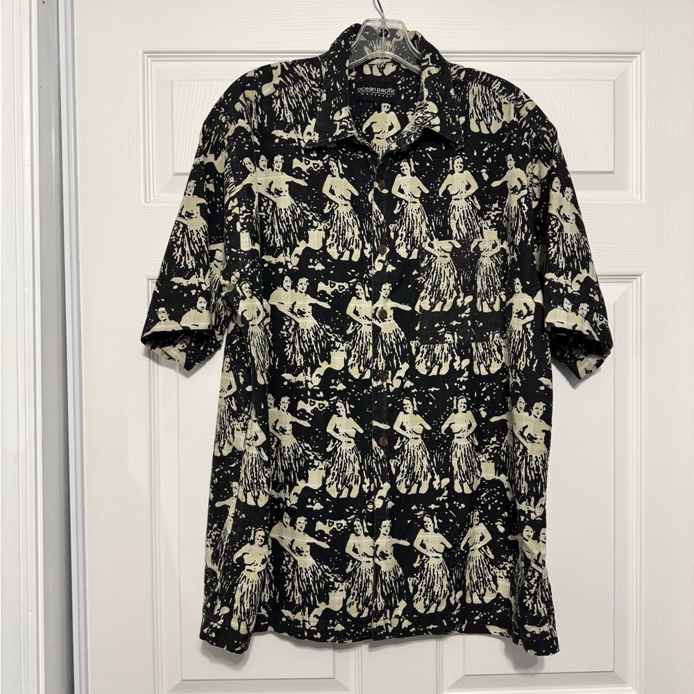Ocean Pacific Hawaiian Hula Large Shirt Black Button Up Short Sleeves  Pocket